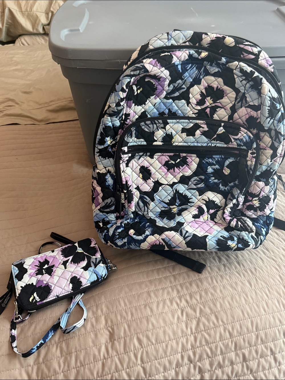 Vera Bradley Black Floral Quilted Backpack with Matching Wristlet